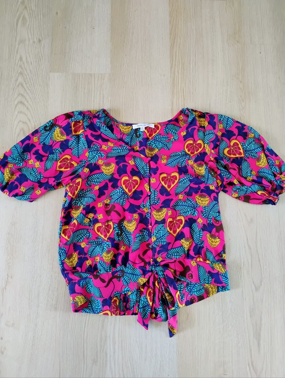 Rose & Olive Hot Pink Tropical Tie-Front Blouse